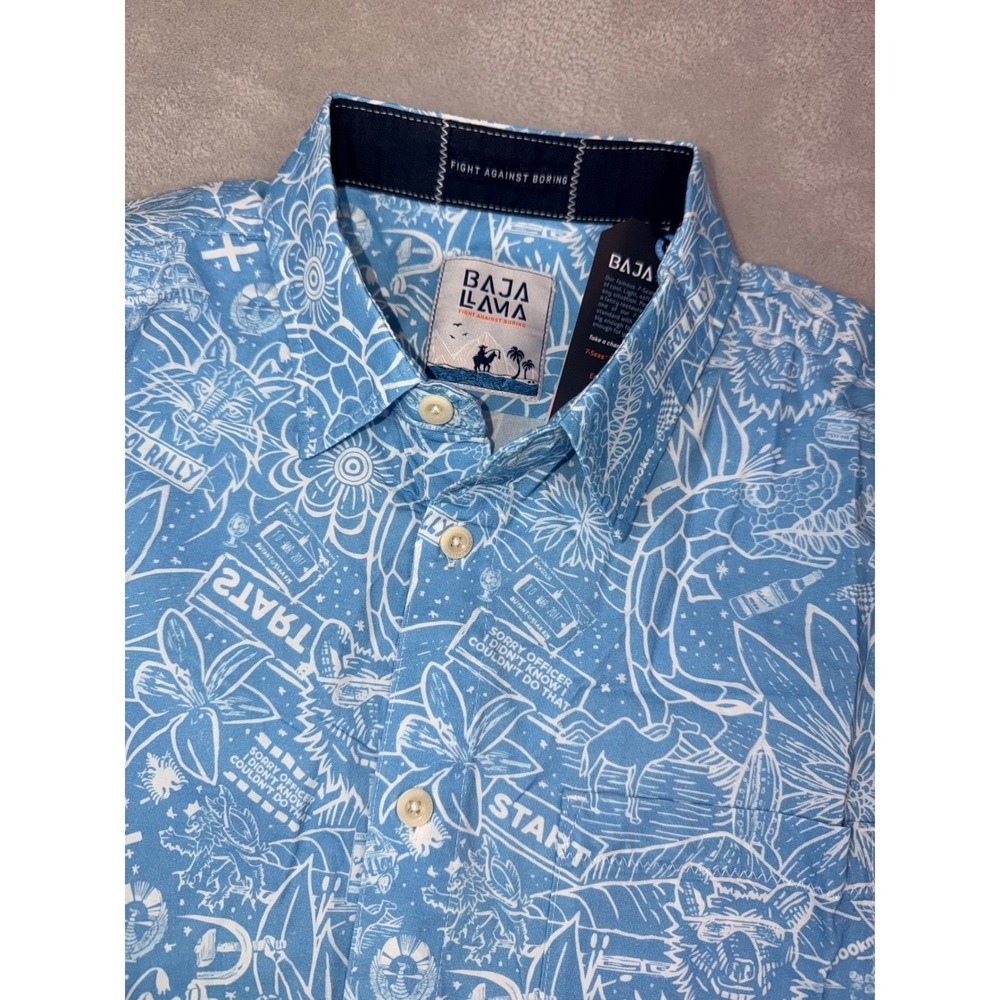 BAJA LLAMA Men's Small Short Sleeve Button Up Shirt‎ Zip Pocket Blue Print NWT